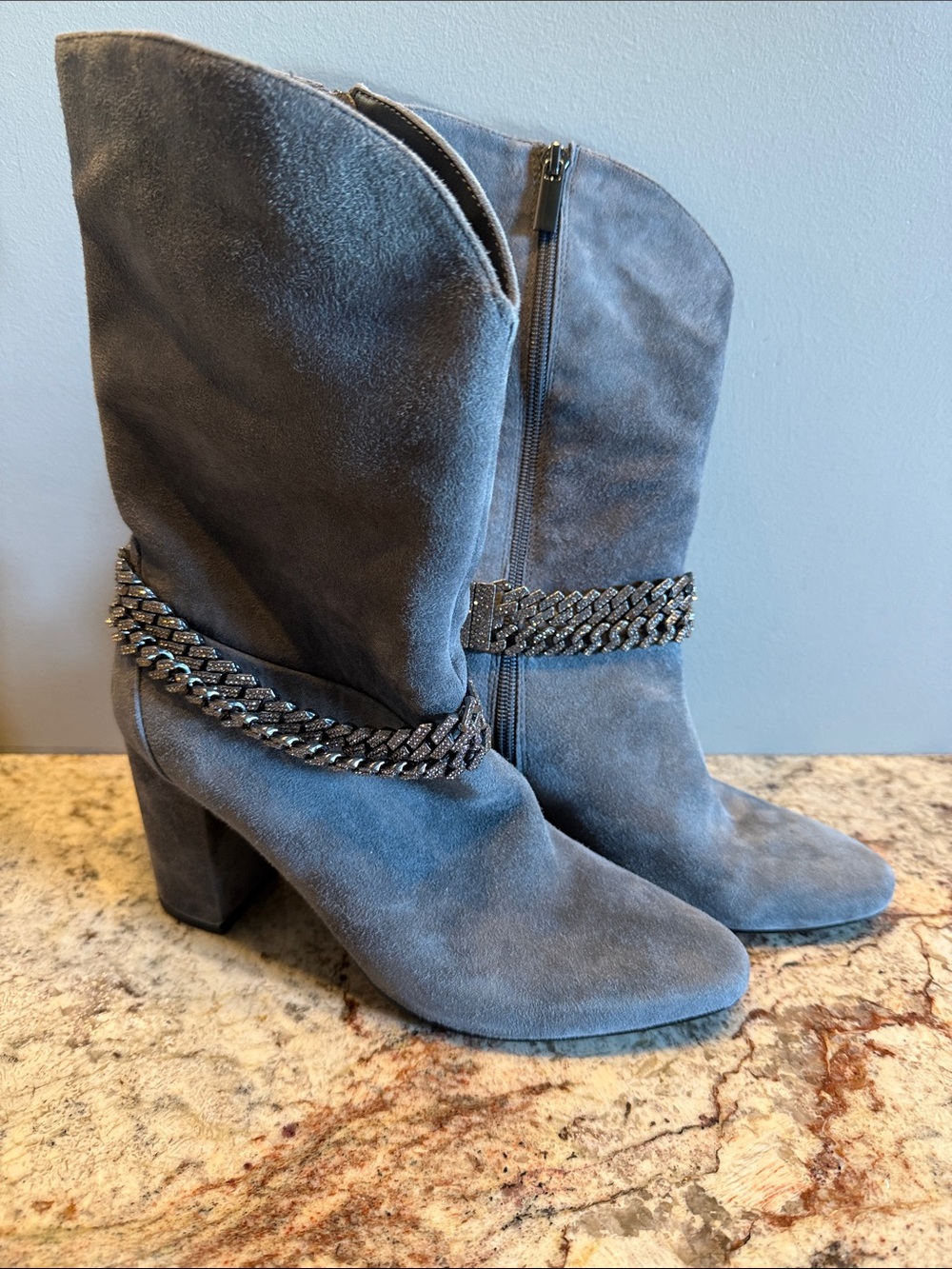 White House Black Market Gray Suede Mid-Calf Boots with Chain Detail
